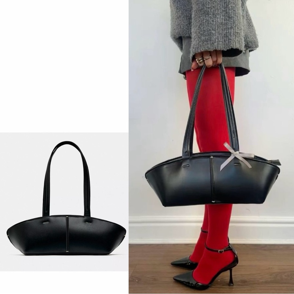 Zara Minimalist Black Baguette Tote Bag with Contrast Stitching